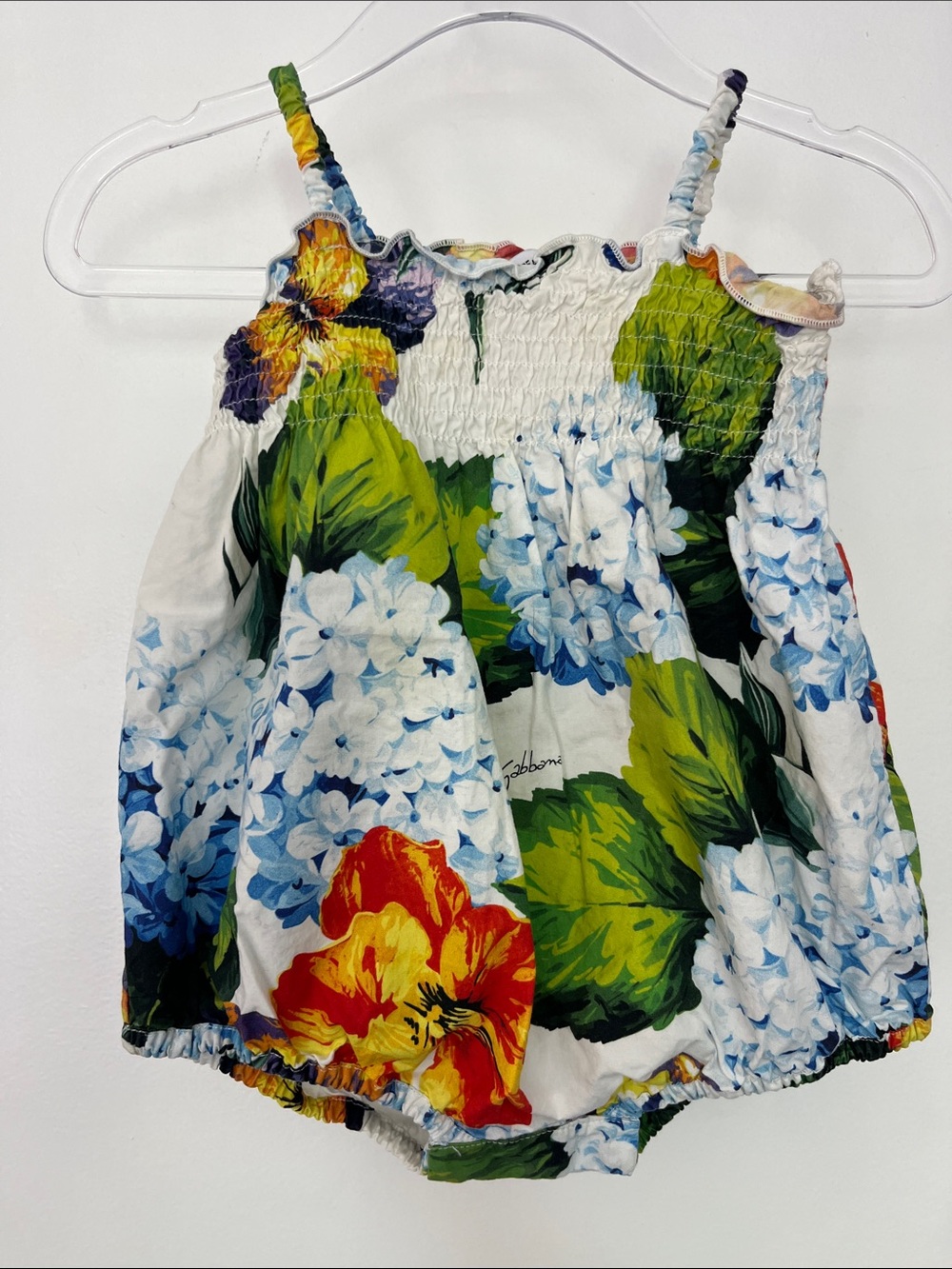 Dolce & Gabbana White Floral Smocked Baby Romper with Blue, Green & Yellow